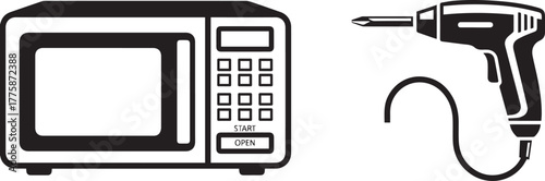 Black and White Vector Icons: Microwave Oven and Electric Power Drill