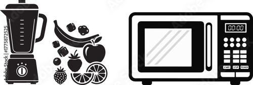 Black Silhouette Vector Icons of Blender, Fruits, and Microwave Oven