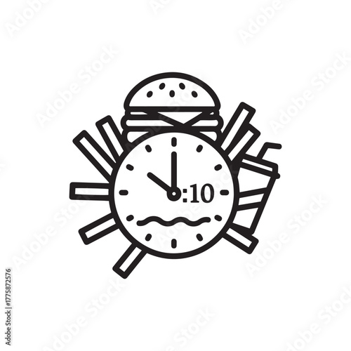 Fast food clock icon with burger, fries, and drink, representing time meal