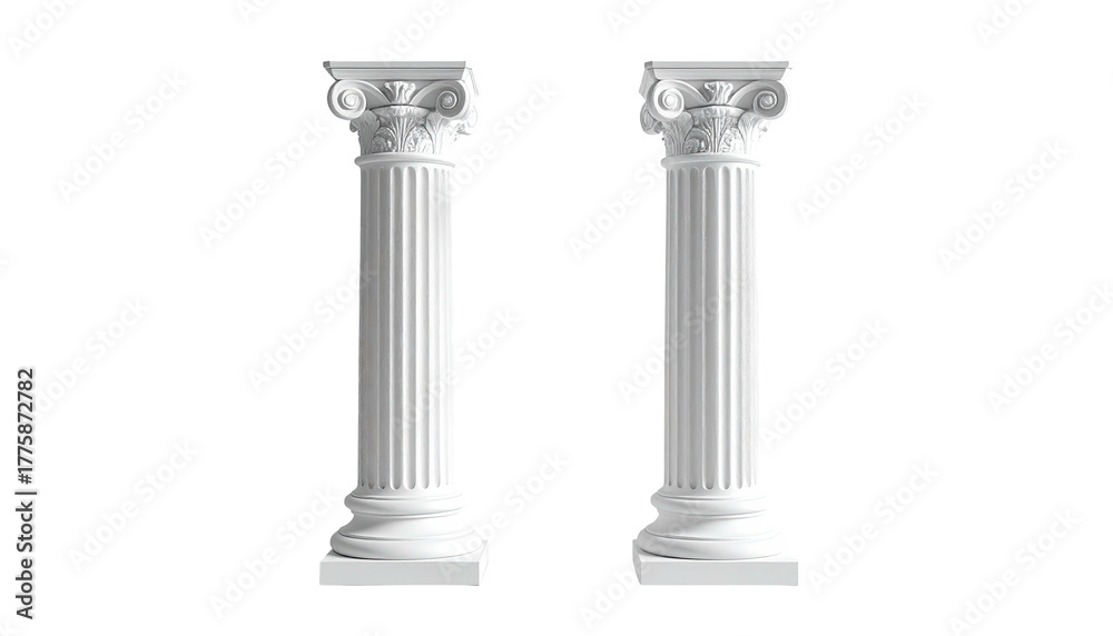 Obraz premium Two white ionic columns stand against a stark black backdrop