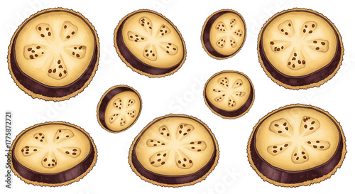 Sliced Eggplant Rounds with Visible Seeds and Purple Skin.