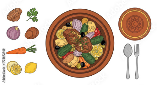 Colorful Tagine Dish with Meat and Vegetables Served with Utensils and Ingredients.