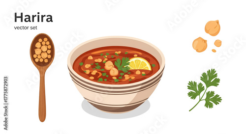 Bowl of Harira Soup with Lemon and Chickpeas Served with a Spoonful of Chickpeas.