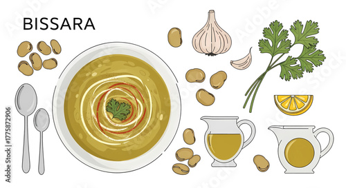 Bissara Fava Bean Soup Bowl with Garlic Parsley Lemon Olive Oil Ingredients.