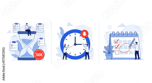 Time management concept with hourglass, clock, and calendar illustrations