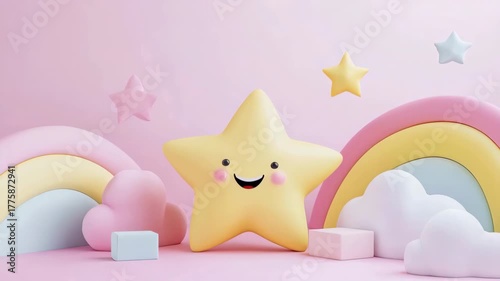 Cute smiling star plush toy with pastel rainbow cloud and heart shapes in soft pink background evoking playful dreamy nursery decor scene with soft plush texture gentle lighting and decorative blocks