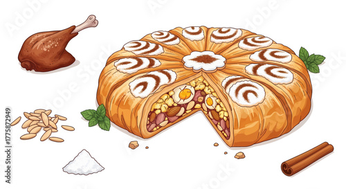 Deliciously Baked Savory Pie with Rich Filling and Roasted Duck Leg.