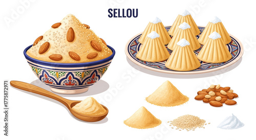 Vector illustration of traditional Moroccan Sellou a sweet dessert with almonds served in a ceramic bowl and on a plate.