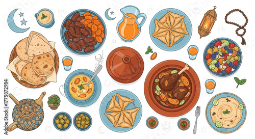 Hand-drawn Traditional Middle Eastern Food Collection for Ramadan and Eid.