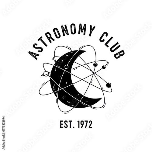 Vintage Astronomy Club logo with crescent moon and atomic orbits.
