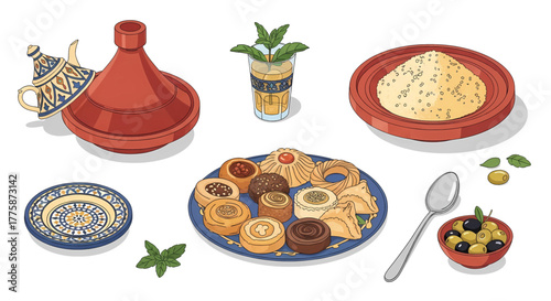 A vibrant illustration of a traditional Moroccan food spread featuring a tagine pastries and mint tea.