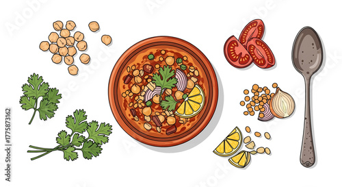 Delicious Hand-Drawn Bowl of Chickpea Soup with Garnishes.