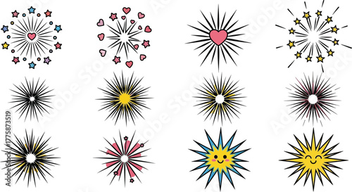 Festive Bursts Hearts, Stars, Smiles on Transparent Background Elements
