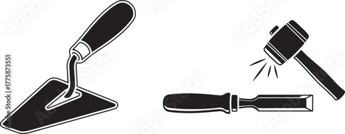 Monochromatic Set of Construction and Woodworking Hand Tools Icons