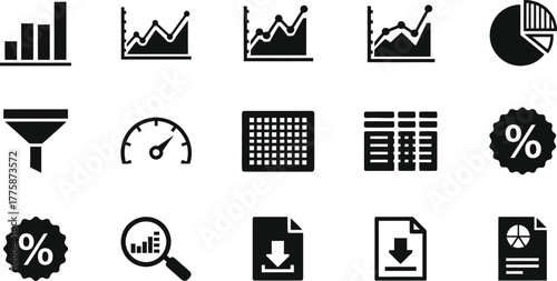 Fifteen Flat Black Data Analysis Icons Isolated on Transparent Background in