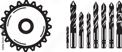 Mechanical Gear and Assorted Industrial Drill Bits Vector Icons