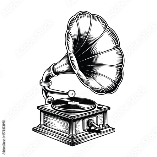 Vintage gramophone illustration with detailed engraving style
