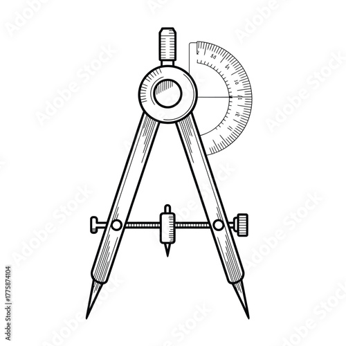 Vintage drawing compass and protractor sketch
