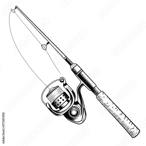 Vintage fishing rod and reel sketch isolated on white background