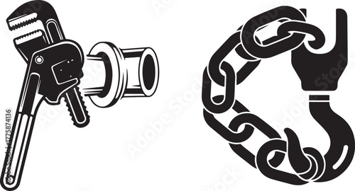 Monochromatic Industrial Tools: Wrench Gripping Pipe, Chain with Hook