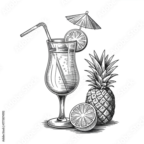 Hand drawn tropical cocktail with pineapple and citrus fruit