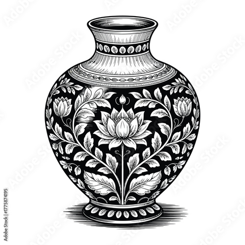 Intricate black and white floral patterned vase illustration