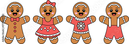 Four smiling gingerbread characters are wearing holiday attire against a crisp white background