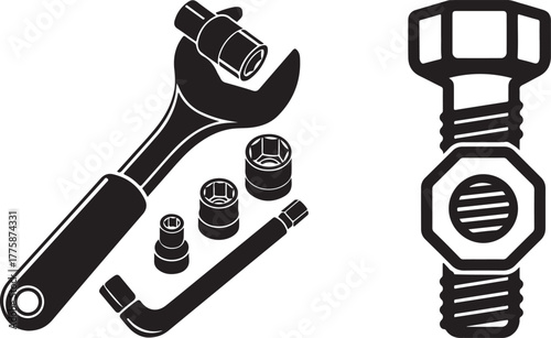 Industrial Tools Wrench Sockets Bolt Nut Monochrome Design