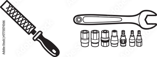 Black and white line art vector of essential carpentry and mechanic tools.