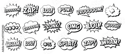 Vintage comic book style speech bubbles text design collection, Comic book speech bubbles and sound effects, Hand drawn speech bubbles and sound effects words vector illustration