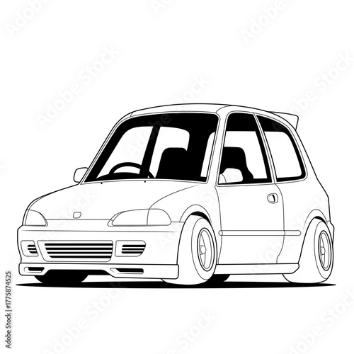 Line art illustration of a compact car with sporty stance and clean outlines, minimalist vector style, perfect for automotive design templates, coloring pages, or t-shirt graphics.