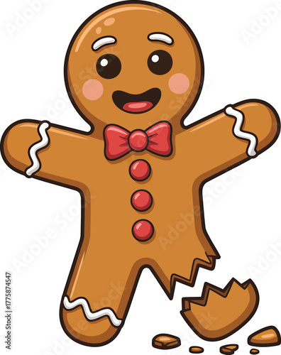 Smiling gingerbread man with a red bow tie stands while missing a leg piece and shows transparent background