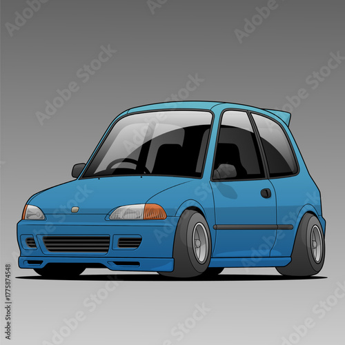 Stylized compact car with lowered stance, wide wheels, and body kit in a clean vector format, ideal for automotive design, tuning culture, or digital illustration projects