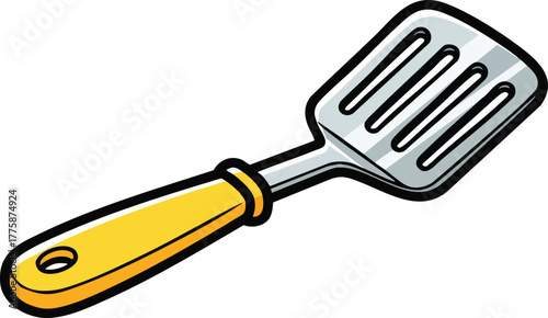 Spatula Kitchen Utensil Cooking Tool Yellow Handle Metal Gray Slotted Head Isolated White Background
