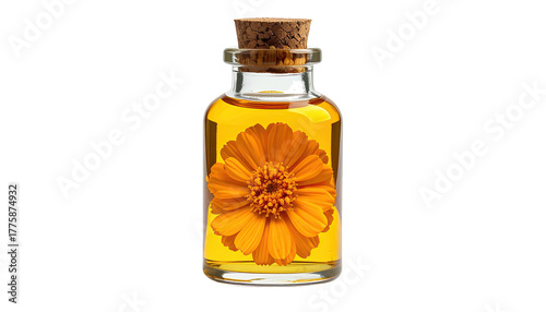 Orange flower in bottle with yellow oil, cork top