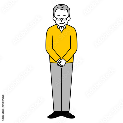 お辞儀をする年配の男性（全身）