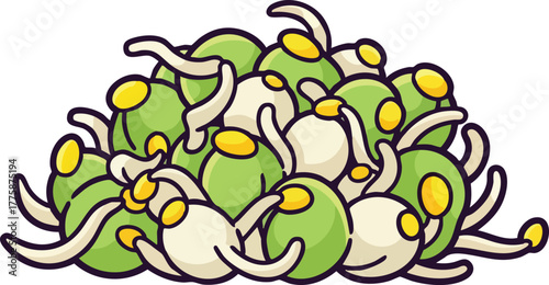 Sprouting Green Peas with Yellow Centers and White Roots on White Background Pixel Art Style
