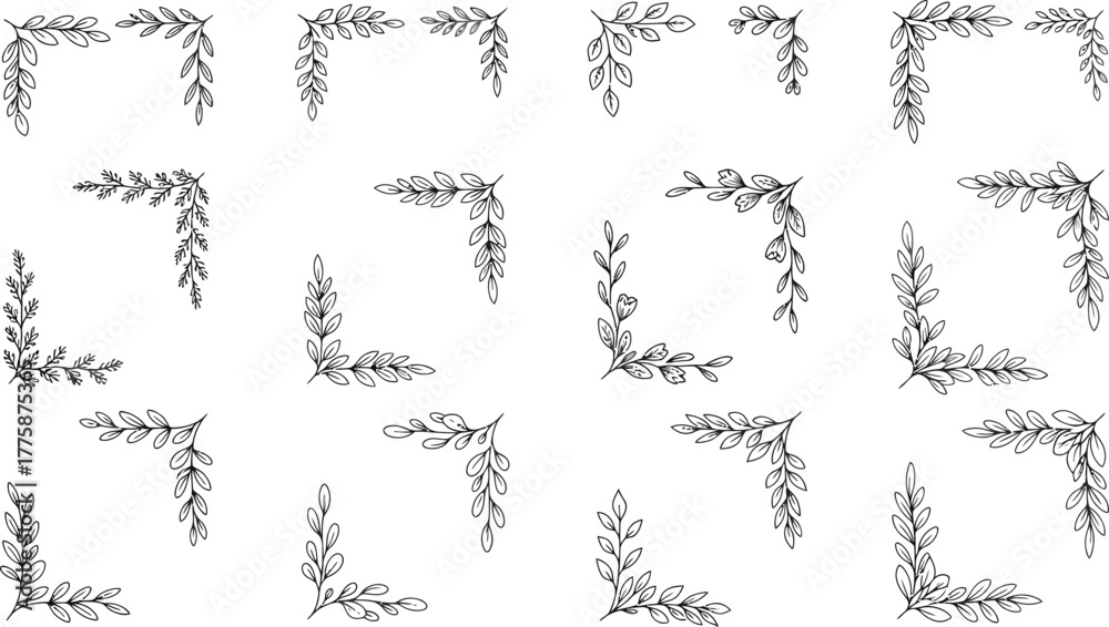 Fototapeta premium Floral Corner Decoration Vector, Delicate Leaf Accent, Botanical Ornament, Line Art