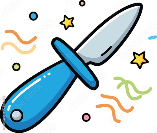 Blue Handled Oyster Shucking Knife With Festive Confetti And Stars Isolated On White Background