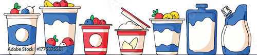 Pixel Art Collection Of Yogurt And Dairy Drink Containers With Fruit Toppings