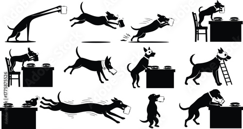 Funny dog silhouette, stealing food, creative pet behavior, humorous canine action, black figure art, table scene, isolated white background