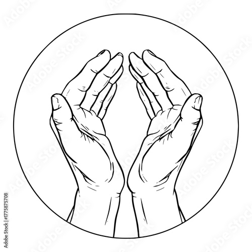 Hands cupped together in a circle outline drawing showing care and protection with detailed lines and shading