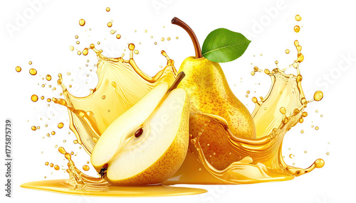 Pears with juicy splash and droplets on black background