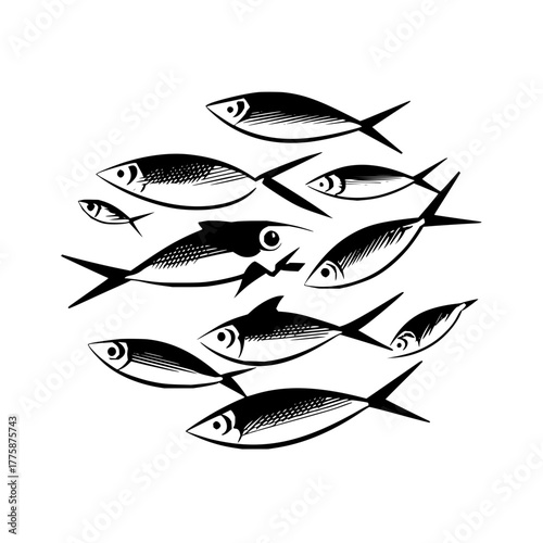 Illustration of a school of fish swimming together in a stylized artistic monochrome design formation art
