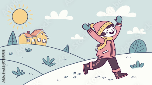 A joyful child running in a snowy landscape with a house and sun under a cloudy sky illustration