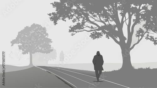 A solitary figure walks along a misty road lined with trees in a grayscale landscape scene art
