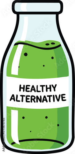 Green Liquid In Glass Bottle Labeled Healthy Alternative With Black Outline