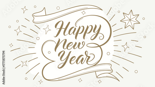 Happy new year text with banner and starburst design for festive celebration, gold on white background