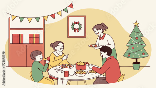 Family celebrating christmas dinner together at a table with christmas tree and decorations around them