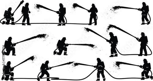 Firefighter silhouette, hose spray action, emergency response, black figure art, water stream, kneeling and standing pose, protective gear, isolated background